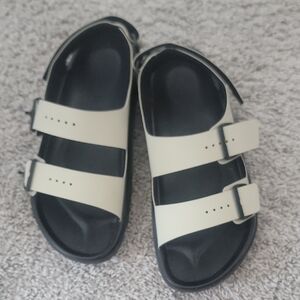 Birkenstock Two-Strap Black Footbed with Cream Straps Sandals